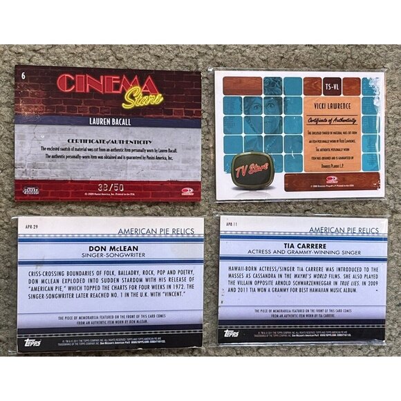 4 Topps American Pie & Americana Card Lot Relics Don McLean, Lauren Bacall, Tia - Picture 2 of 2